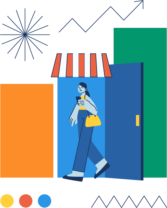 Woman exits a storefront while smiling and holding a phone.