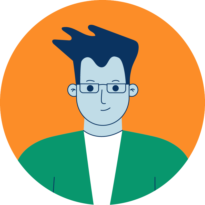 Cartoon portrait of a man with glasses and a green sweater