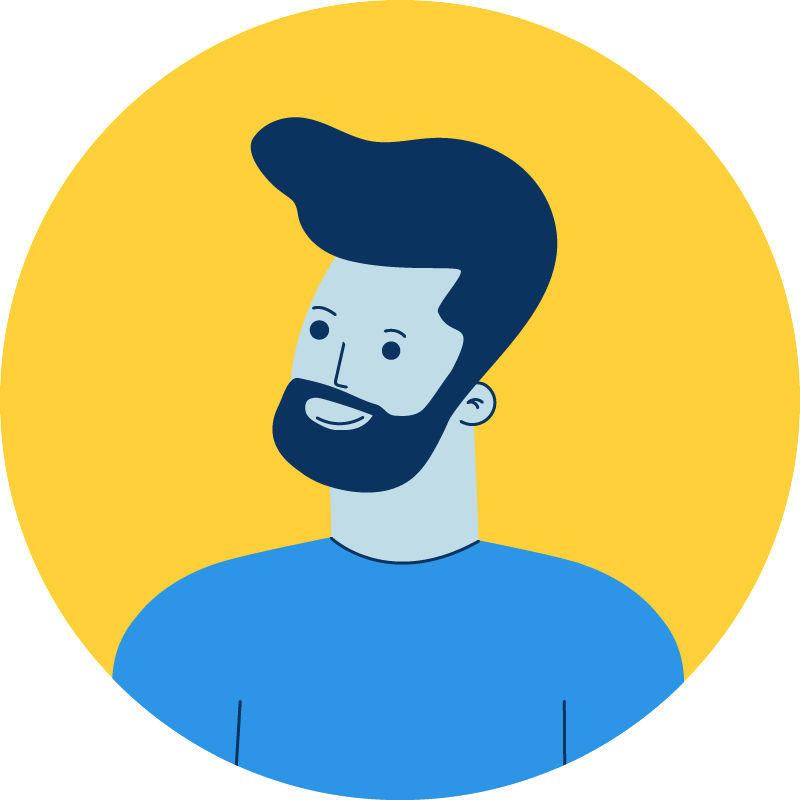 Cartoon of a bearded man in a blue shirt